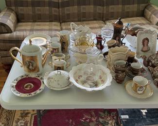 Vintage Porcelain Tea Set with Courting Couple Scenes and Gilded Accents