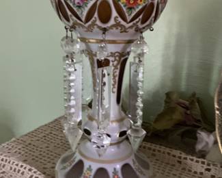 Bohemian Crystal Mantle Lusters with Hand-Painted Floral Motifs