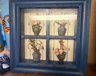 Vintage Shadow Box with Vases and Flowers