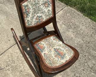Victorian Walnut Folding Rocking Chair with Floral Upholstery