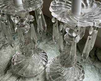 Pair of Crystal Glass Candlesticks with Prism Hangers