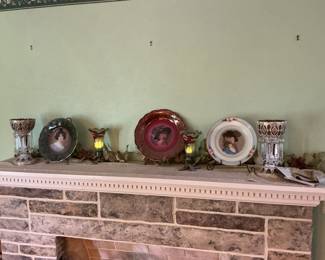 Victorian Portrait Plates with Crystal Vases and Brass Candlesticks