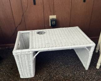 Vintage White Wicker Bed Tray with Cutout Handle and Side Compartment