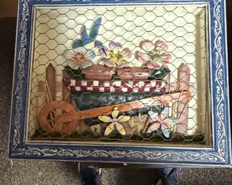 Framed Folk Art Garden Scene with Wheelbarrow