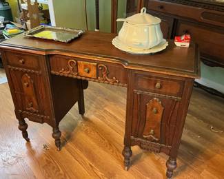 Antique Oak Vanity Desk with Carved Accents