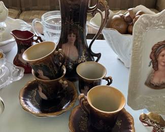Victorian Portrait Coffee/Tea Set with Cobalt Blue and Gold Accents