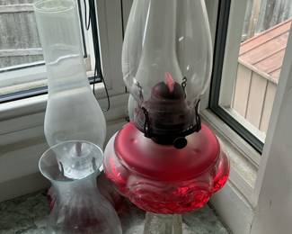 Victorian Cranberry Glass Oil Lamp with Embossed Diamond Pattern and Etched Chimney