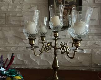 Brass Candelabra with Crystal Hurricane Shades