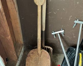 Vintage Wooden D-Handle Shovel and Garden Fork