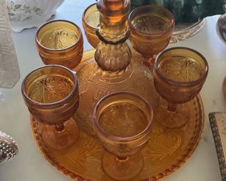 Indiana Glass Tiara Amber Sandwich Pattern Decanter Set with Tray