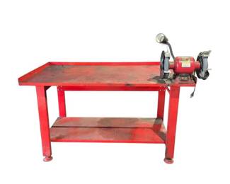 Stationary Metal Shop Table with Attached Bench Grinder