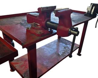 Stationary Metal Shop Table with 2 Bench Vises