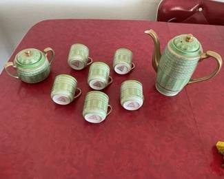 Japanese Thousand Faces Teapot Cups & Sugar Bowl Green Gold