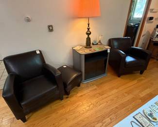 Leather side chairs, ottoman, swivel tv stand