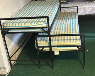 Lot 137: Metal bunk bed frames with striped mattresses