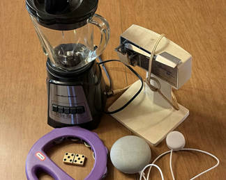 Lot 82: Blender, can opener, purple tamboreen, and round smart speaker