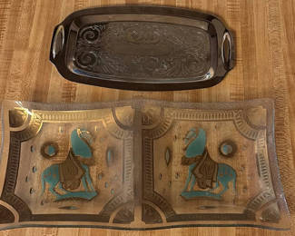 Lot 41: Embossed black serving tray and decorative etched glass panels