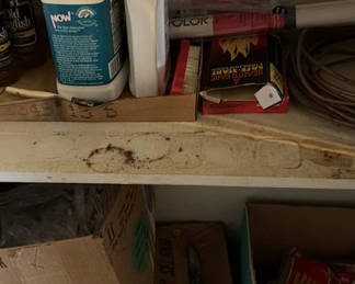 Lot 214: Box of plastic forks and cleaning supplies with miscellaneous household items
