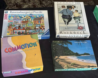 Lot 111: Assorted Jigsaw Puzzles, Board Game, and Wooden Block Set