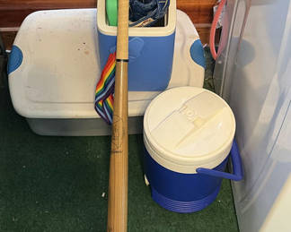 Lot 68: Wooden baseball bat with gloves and coolers