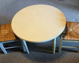 Lot 16: Child-sized round table with two woven-seat chairs