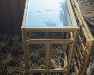 Lot 3: 2 Bamboo Rattan Glass-Top Side Tables and Palm-Print Sofa with Orange Cushions