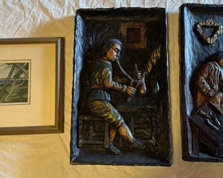Lot 208: Framed landscape print and two carved wood relief panels