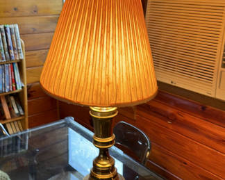 Lot 205: Brass table lamp with pleated shade and multi-head floor lamp