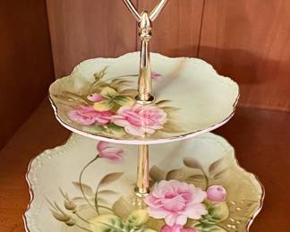 Two-Tiered Porcelain Cake Stand with Pink Roses