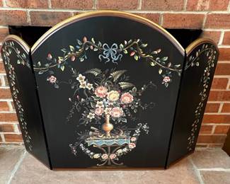 Hand-Painted Black Lacquer Three-Panel Fireplace Screen