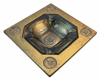 Vintage Gold Tone Ashtray with Embossed Medallions