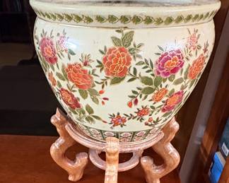 Chinese Export Famille Rose Porcelain Fish Bowl Planter with Wooden Stand