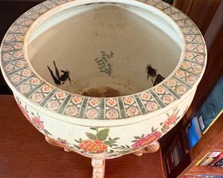 Chinese Export Famille Rose Porcelain Fish Bowl Planter with Wooden Stand