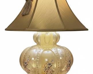 Vintage Carl Falkenstein Style Amber Glass Table Lamp with Floral Motif and Tassel Shade