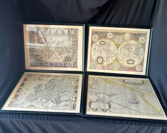 Vintage Framed Historic World Map Reproductions Set of 4 Speed, Ortelius, Hondius