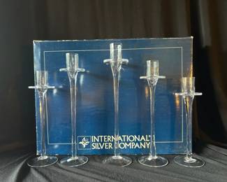 Vintage International Silver Co. Glass Candlesticks Set of 5 with Stickers Bo