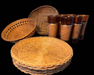 Vintage Woven Raton And Wicker With Six Amber Siesta Wear Tumblers Wrapped In Walnut