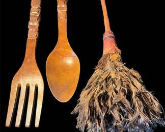 Vintage Handcarved Tiki ForkSpoon Wall Hanging With Feather Duster