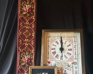 Vintage textile Decor Bundle 60 Floral Needle Point Bell Pull, Sampler Clock Framed Pansies