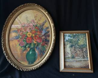 Vintage MidCentury Framed Art Bundle Gold Oval Floral Wood Church Scene