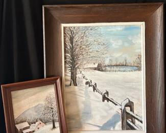 Pair of vintage signed winter landscape oil paintings