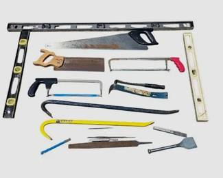 Vintage Mixed Hand Tool Lot Stanley Pry Bars, Handsaws, Levels Files