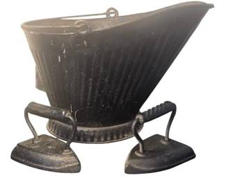Antique Black Metal Coal Hod Scuttle Bucket With Two Cast Iron Irons