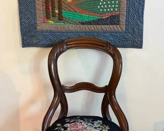 Vintage Victorian BalloonBack Needlepoint Chair Quilted Landscape Wall Hanging