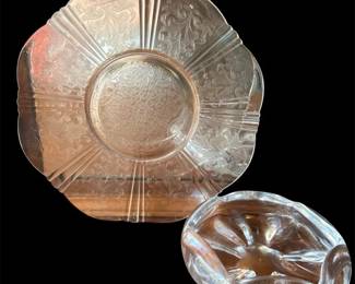 Vintage Elegant Glass Lot Signed Clear Crystal Bowl Fostoria Pink Versailles Style Plate