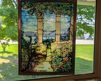 Tiffany "Landscape with Peacock and Peonies" Leaded Glass Window Panel
