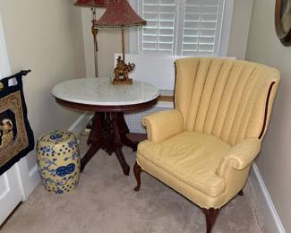 Marble Top Round Table and Channel Back Arm Chair