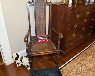 Antique High-Back Cane Armchair with Footstool