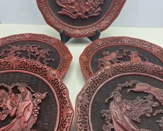 The Five Perceptions of Weo Cho Ming Dynasty, Rare Find Intact Complete Set Cinnabar Plates