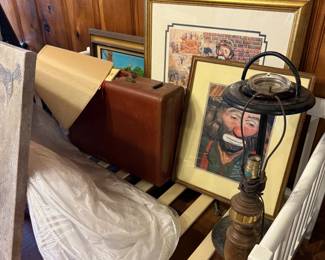 lamp shades, lamps, briefcases, art work, frames